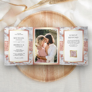 Invitation Trois Volets Rose Gold et Marbre Blanc Photo Code QR Mariage