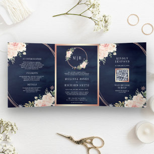 Invitation Trois Volets Rose Gold Fard Rose Floral Code QR Marine Mariage