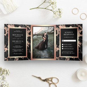 Invitation Trois Volets Rose Gold Feuille Charbon Noir Marbre Photo Mariag