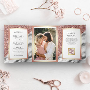 Invitation Trois Volets Rose Gold Gris Marbre Photo Code QR Mariage