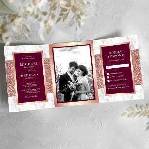 Invitation Trois Volets Rose Gold Mariage Magenta Pailleté Marbre Blanc