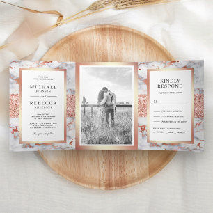 Invitation Trois Volets Rose Gold Pailleté Blanc Marbre Photo Mariage