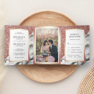 Invitation Trois Volets Rose Gold Pailleté Gris Marbre Photo Mariage