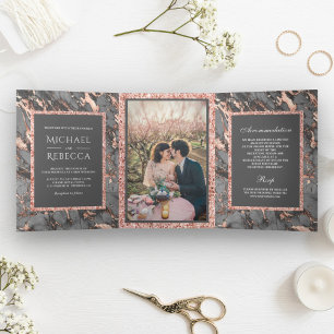 Invitation Trois Volets Rose Gold Pailleté Marbre Gris Acier Photo Mariage