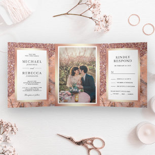 Invitation Trois Volets Rose Gold Pailleté Mariage Photo Marbre Rose