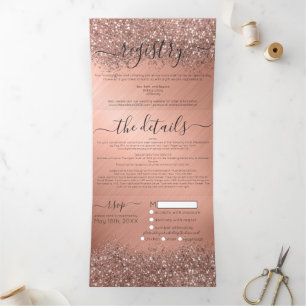 Invitation Trois Volets Rose Gold Pailleté Métallic Détail Registre RSVP