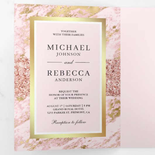 Invitation Trois Volets Rose Gold Parties scintillant Blush Pink Marble Ph (Intérieur en premier)