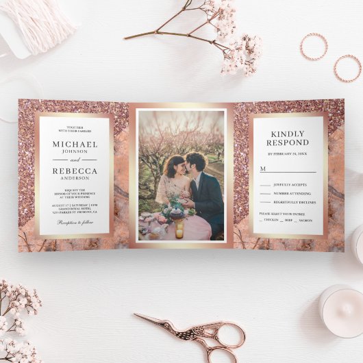 Invitation Trois Volets Rose Gold Parties scintillant en marbre rose Maria