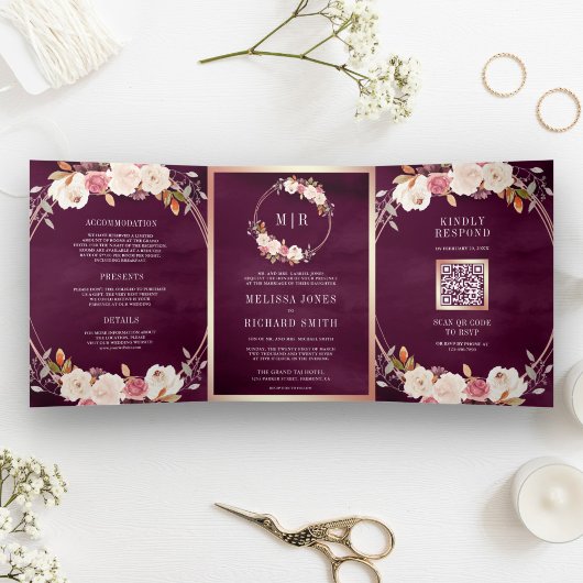 Invitation Trois Volets Rose Gold Poussière Rose Floral Code QR Prune Mari