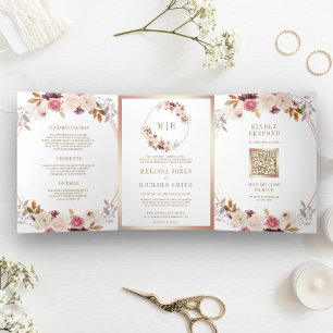 Invitation Trois Volets Rose Gold Poussière Rose Floral QR Code Mariage