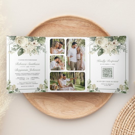 Invitation Trois Volets Rose ivoire Sage Green Floral Photo QR Code Mariag