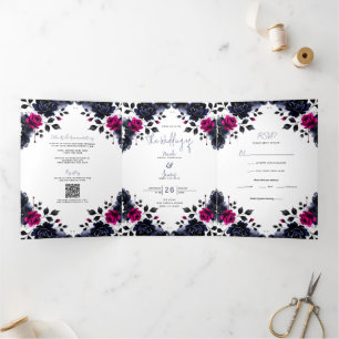 Invitation Trois Volets Rose magenta et bleu encre floral aquarelle mariag