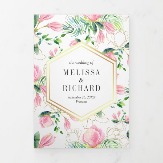 Invitation Trois Volets Rose Magnolia Printemps Floral Tout en un Mariage (Page de couverture)