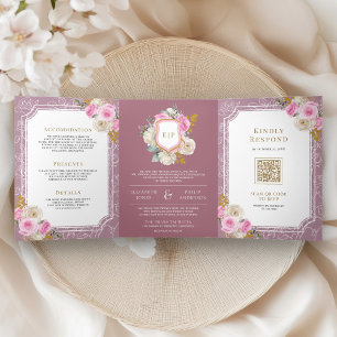 Invitation Trois Volets Rose Mauve Poussiéreux Fleurie Combinaison Crest M