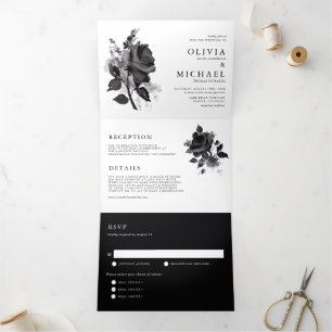 Invitation Trois Volets Rose minimaliste de couleur noire moderne Mariage