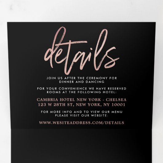 Invitation Trois Volets Rose moderne Gold Foil Script Mariage Suite (Intérieur en premier)