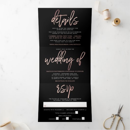 Invitation Trois Volets Rose moderne Gold Foil Script Mariage Suite (Intérieur)