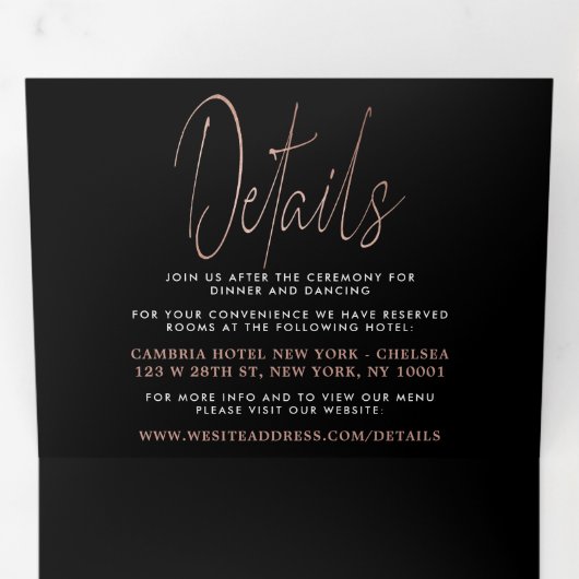 Invitation Trois Volets Rose moderne Gold Foil Script Mariage Suite (Intérieur en premier)