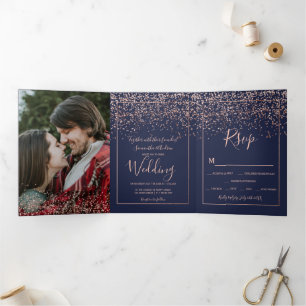 Invitation Trois Volets Rose or confetti marine bleu typographie mariage