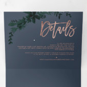 Invitation Trois Volets Rose or script Floral bleu élégant mariage (Intérieur en premier)