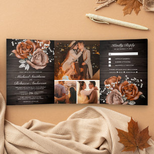 Invitation Trois Volets Rose orange brûlée Bois rustique Tout en un Mariag