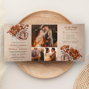 Invitation Trois Volets Rose orange brûlée en toile de jute rustique Tout