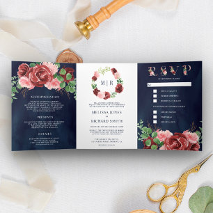 Invitation Trois Volets Rose Pâle Bourgogne Floral Bleu Nuit Mariage