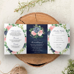 Invitation Trois Volets Rose Pâle et Bleu Marine Floral 3 en 1 Mariage