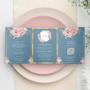 Invitation Trois Volets Rose Pâle Floral Bleu Poussiéreux Tout en Un Maria