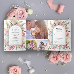 Invitation Trois Volets Rose Pâle Floral Boho Herbe de Pampas Photo Mariag