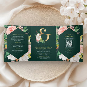 Invitation Trois Volets Rose Pâle Floral Émeraude Vert Code QR Mariage