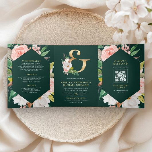 Invitation Trois Volets Rose Pâle Floral Émeraude Vert Code QR Mariage