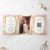 Invitation Trois Volets Rose Pâle Or Feuille Marbre Agate Code QR Mariage (Intérieur)