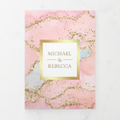 Invitation Trois Volets Rose Pâle Or Feuille Marbre Agate Code QR Mariage (Page de couverture)