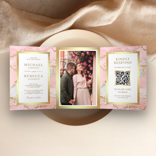 Invitation Trois Volets Rose Pâle Or Feuille Marbre Agate Code QR Mariage
