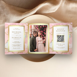 Invitation Trois Volets Rose Pâle Or Feuille Marbre Agate Code QR Mariage