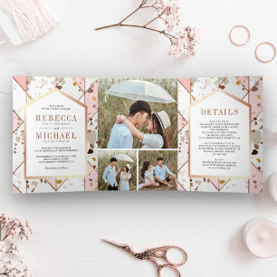Invitation Trois Volets Rose Pâle Terreux Géométrique Mariage Terrazzo