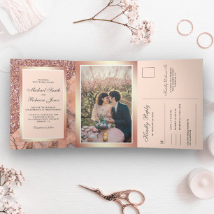 Invitation Trois Volets Rose Parties scintillant or Marbre rose tout en un