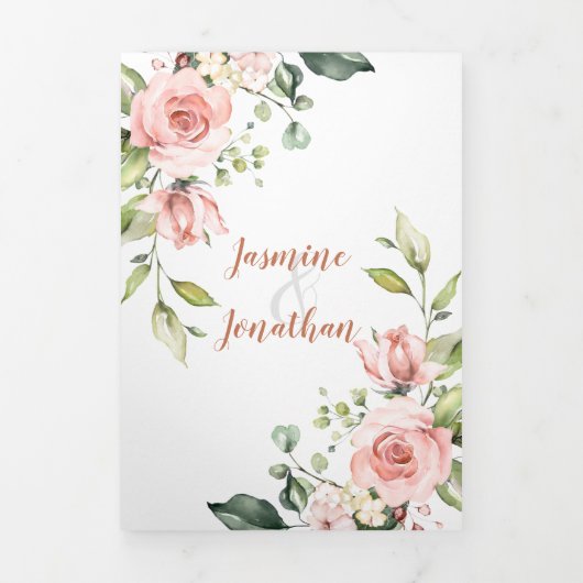 Invitation Trois Volets Rose, Pêche, Aquarelle blanche Mariage Floral (Page de couverture)