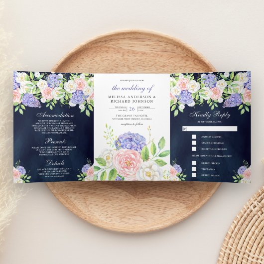 Invitation Trois Volets Rose Poudrée Hydrangea Violette Mariage Bleu Nuit