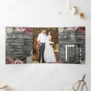 Invitation Trois Volets Rose Poussiéreuse Roses & Dentelle Bois Gris Rusti