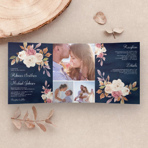 Invitation Trois Volets Rose Poussiéreux et Fleurs d'Ivoire sur Fond Bleu
