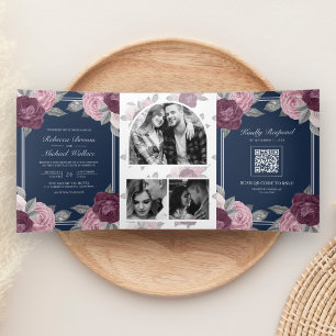 Invitation Trois Volets Rose Poussiéreux Mauve Violet Rose Code QR Marine
