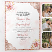 Invitation Trois Volets Rose Rose Or dentelle Florale Indien Mariage Peaco (Intérieur en premier)