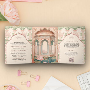 Invitation Trois Volets Rose saumon vert menthe Jardin de lotus Mariage in