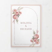 Invitation Trois Volets Rose souple rose floral Pampas QR Code Mariage (Page de couverture)