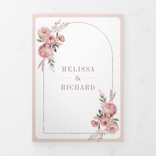 Invitation Trois Volets Rose souple rose floral Pampas QR Code Mariage (Page de couverture)