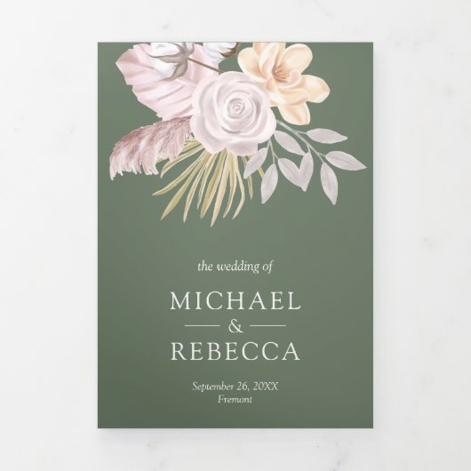 Invitation Trois Volets Rose vert rustique rose floral QR Code Mariage (Page de couverture)