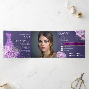 Invitation Trois Volets Rose violet argent floral PHOTO femmes anniversair