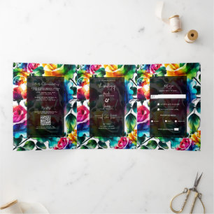Invitation Trois Volets Roses arc-en-ciel noires et blanches Mariage flora